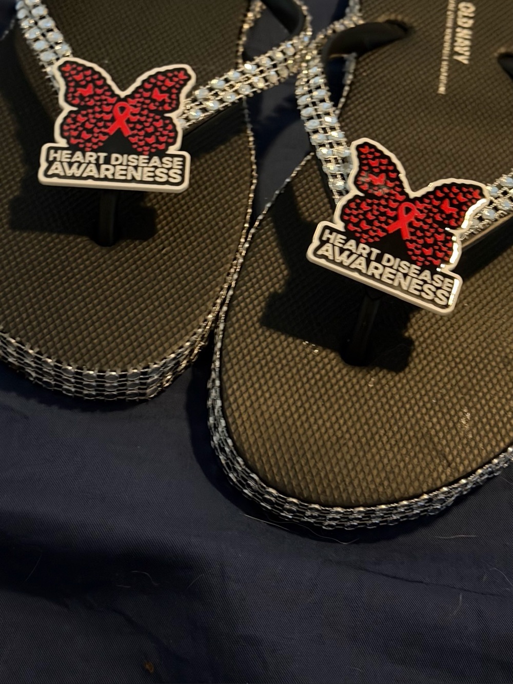 Black Flip-Flop Sandals with Red Heart Disease Awareness Accents